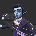 Blue Skinned Character With Pointed Ears Wearing Purple Coat Bow Tie Wielding Magical Rings