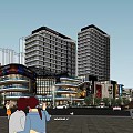 Modern Urban Commercial Complex with High Rise Buildings Retail Shops and Pedestrian Area