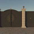 Elegant Black Entrance Gate With Ornate Carvings Stone Pillars And Lush Green Trees