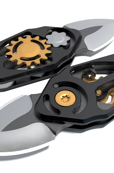 Folding Knife With Black Handle Gold Gear Detail Sharp Metal Blade And Mechanical Structure 3d model