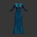 Elegant Blue Long Dress With V Neck Long Sleeves And Fitted Design