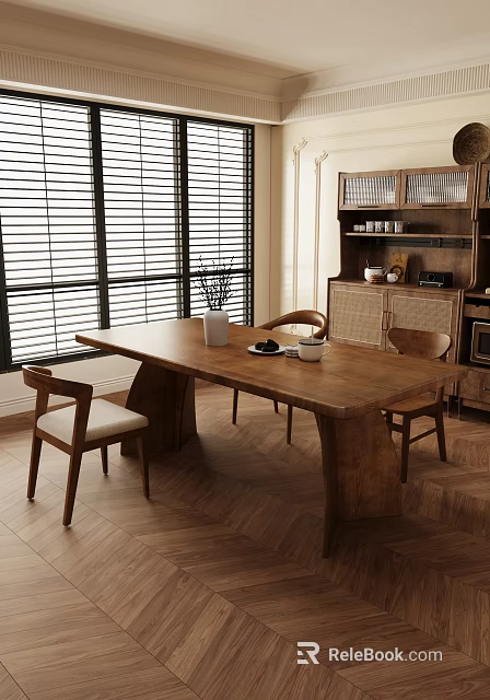 Vintage Solid Wood Dining Table Set With Stylish Chairs For Bright Cozy Home Dining Room 3d model 