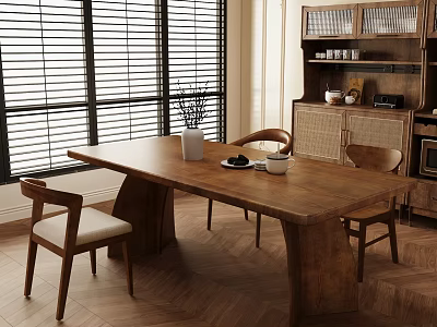 Vintage Solid Wood Dining Table Set With Stylish Chairs For Bright Cozy Home Dining Room 3d model