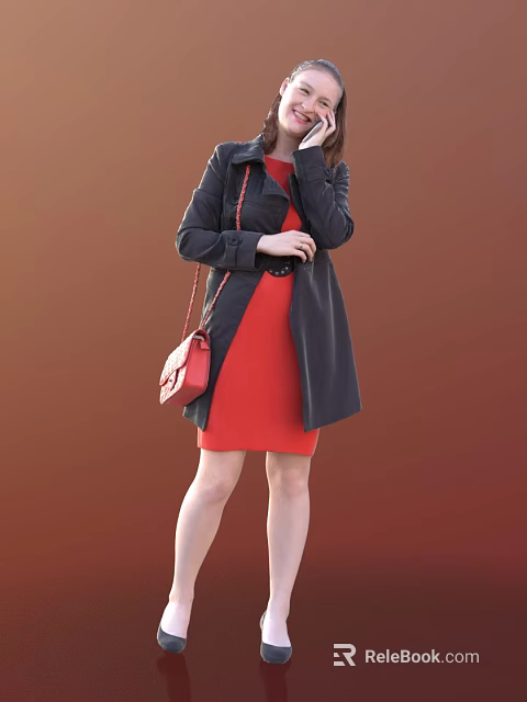 Woman Wearing Black Coat and Red Dress with Red Handbag Standing Against Brown Background 3d model 
