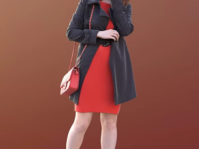 Woman Wearing Black Coat and Red Dress with Red Handbag Standing Against Brown Background 3d model