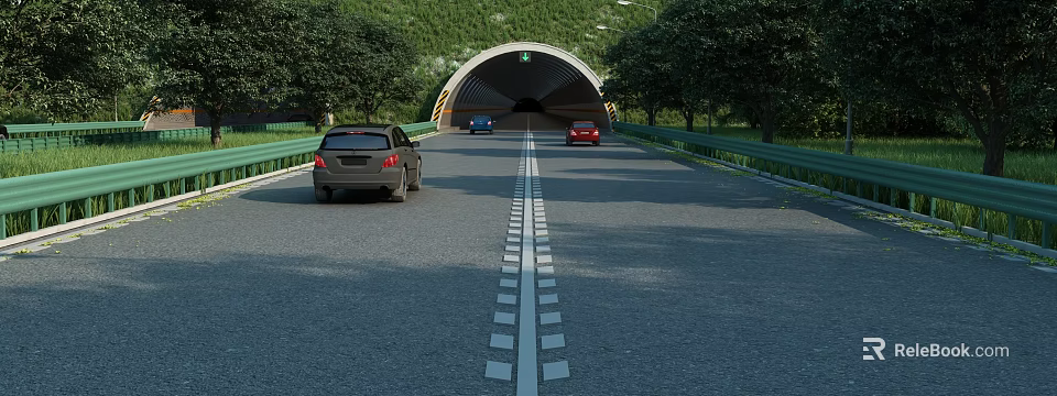 Highway Tunnel Entrance With Cars Driving On Road And Green Trees 3d model 