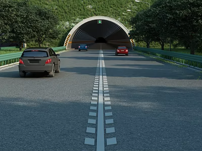 Highway Tunnel Entrance With Cars Driving On Road And Green Trees 3d model