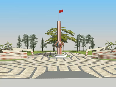 Cylindrical Landscape Sculpture With Red Flag On White Base Surrounded By Trees And Geometric Paving 3d model