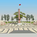 Cylindrical Landscape Sculpture With Red Flag On White Base Surrounded By Trees And Geometric Paving