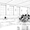 Rustic Bar Interior With Wooden Ceiling Brick Walls Large Windows And Orange Roses On Tables