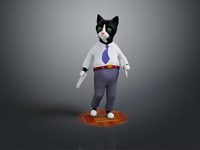 Anthropomorphic Black And White Cat Wearing White Shirt Blue Tie Purple Pants Standing Pose 3d model