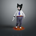 Anthropomorphic Black And White Cat Wearing White Shirt Blue Tie Purple Pants Standing Pose