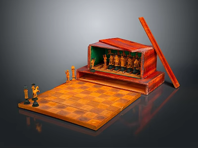 Assorted Musical Instruments and Art Supplies in Open Wooden Case with Brushes and Strings 3d model