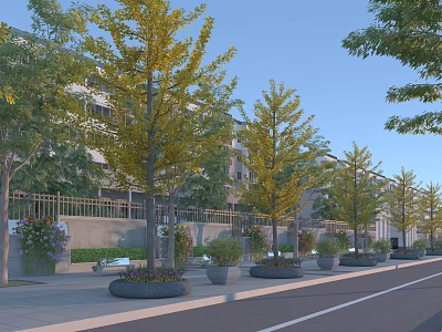 Municipal Road With Lined Trees Flower Beds And Sidewalks Along Residential Buildings 3d model