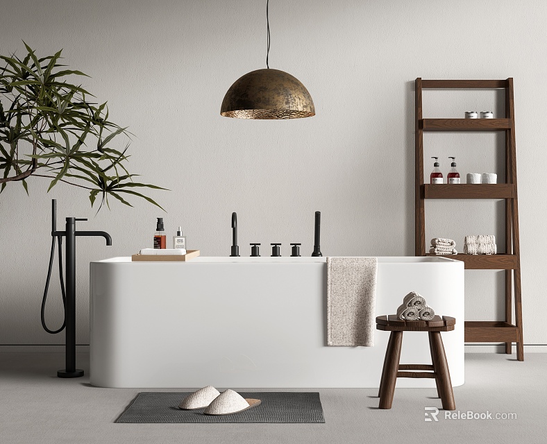 Modern White Bathtub In Minimalist Bathroom With Towel Stool And Shelf 3d model 
