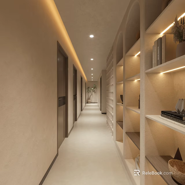 Modern Elevator Hallway With Recessed Lighting And Shelves 3d model 