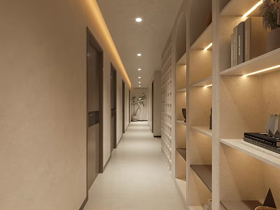 Modern Elevator Hallway With Recessed Lighting And Shelves 3d model