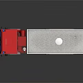 Red and white fire truck with water tank multiple wheels and white stripes
