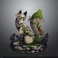Fantasy Stone Creature Sculpture With Vines Moss Green Plants And Small Orange Creature
