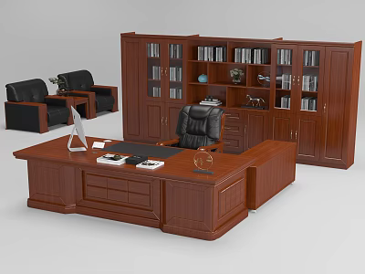 Classic Wooden Office Desk Setup With Black Chair Bookshelves And Table Items 3d model