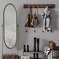 Stylish Wooden Entryway Hook Rack With Hanging Bags Coat Boots And Full Length Mirror