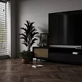Modern TV Stand With Black TV Woven Panels And Herringbone Wooden Floor Decor