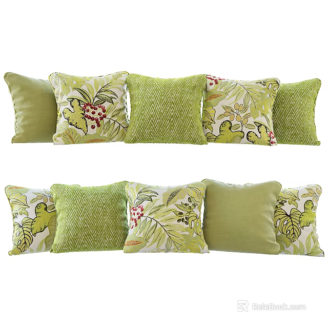 Green Decorative Throw Pillows With Leaf Patterns Geometric Designs And Floral Prints 3d model