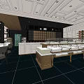 Dessert Shop Interior With Glass Display Counter Seating Area Ceiling Lights And Decorative Plants