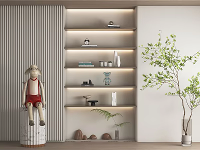 Modern Decorative Ornament Combination On Shelving Unit With Striped Wall And Green Plant 3d model