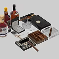 Elegant Whiskey Bottles And Glasses With Cigars Ashtray Lighter And Accessories