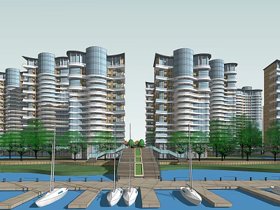 Modern High Rise Residential Buildings With Waterfront Dock Boats And Green Trees 3d model