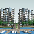 Modern High Rise Residential Buildings With Waterfront Dock Boats And Green Trees