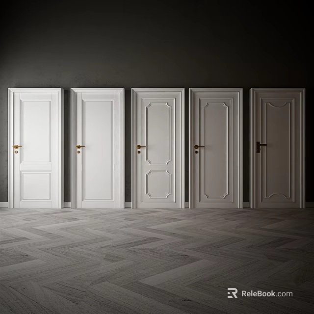 Five White Hinged Doors With Various Designs Against Dark Walls And Wooden Floor 3d model 