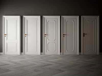 Five White Hinged Doors With Various Designs Against Dark Walls And Wooden Floor 3d model