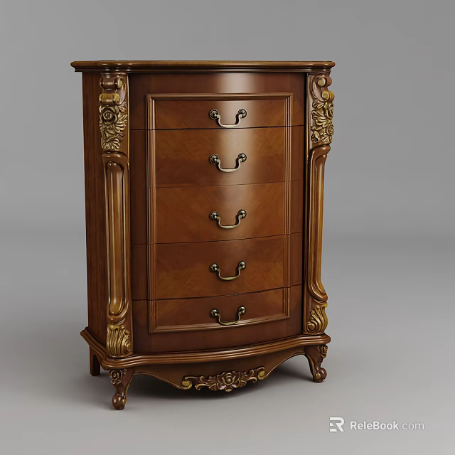 Vintage Wooden Chest of Drawers with Golden Accents and Carved Details 3d model 