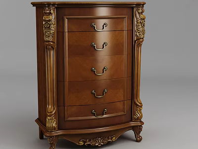 Vintage Wooden Chest of Drawers with Golden Accents and Carved Details 3d model