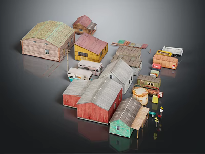 Colorful Miniature Buildings with Varied Roofs Diverse Structures and Small Accessories 3d model