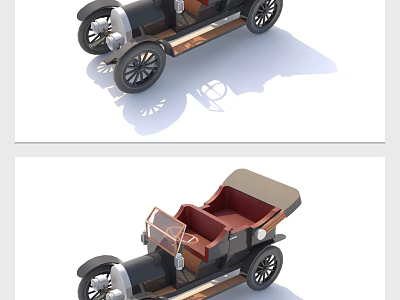 Vintage Convertible Car 3D Model with Black Body Brown Seats and Wooden Accents 3d model