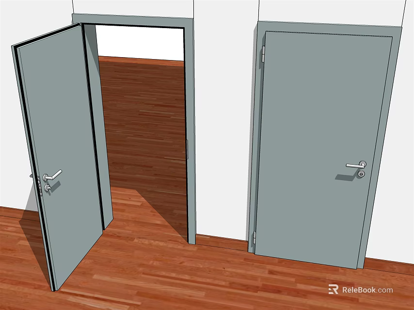 Gray Swing Doors Open and Closed with White Frames in Wooden Floor Interior 3d model 