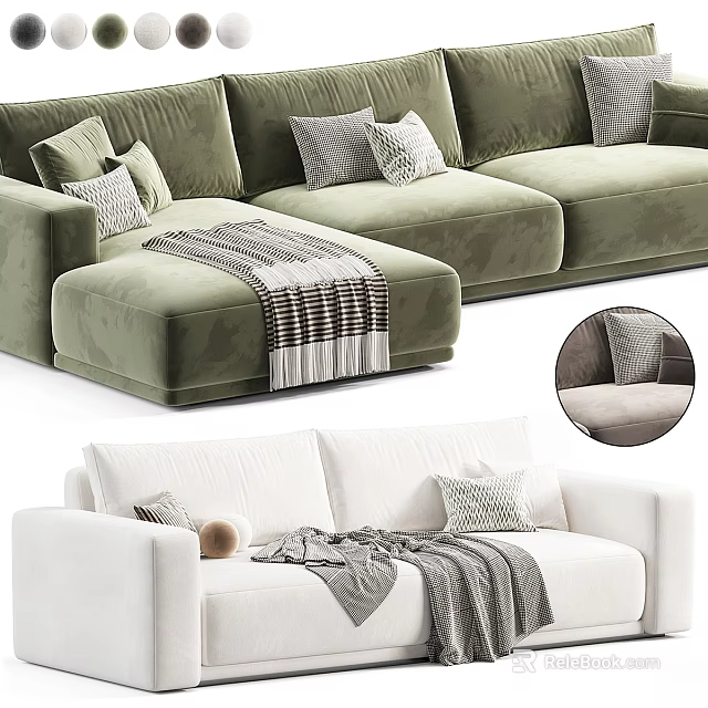Modern Green And White Sectional Sofa With Plush Pillows And Throw Blanket 3d model 