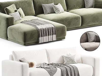 Modern Green And White Sectional Sofa With Plush Pillows And Throw Blanket 3d model