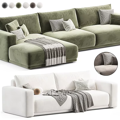 Modern Green And White Sectional Sofa With Plush Pillows And Throw Blanket 3d model