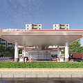 Modern CNPC Gas Station With Red Accent Canopy Parked Vehicles And High Rise Buildings