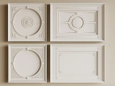 Decorative White Ceiling Panels With Various Ornate Patterns And Circular Square Motifs 3d model