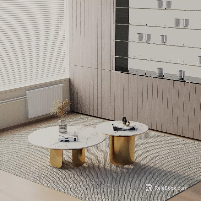 Modern Sofa Coffee Table Set With Round Marble Top And Golden Legs 3d model