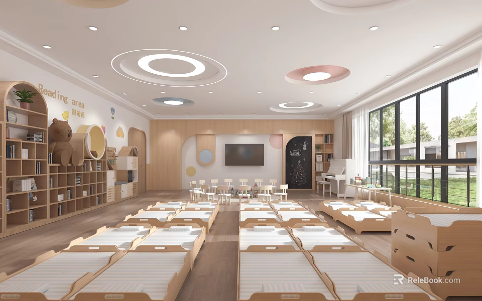 Kindergarten Interior With Small Beds Bookshelves TV Blackboard Wooden Furniture And Round Lights 3d model 