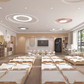 Kindergarten Interior With Small Beds Bookshelves TV Blackboard Wooden Furniture And Round Lights