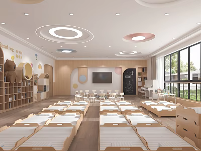 Kindergarten Interior With Small Beds Bookshelves TV Blackboard Wooden Furniture And Round Lights 3d model