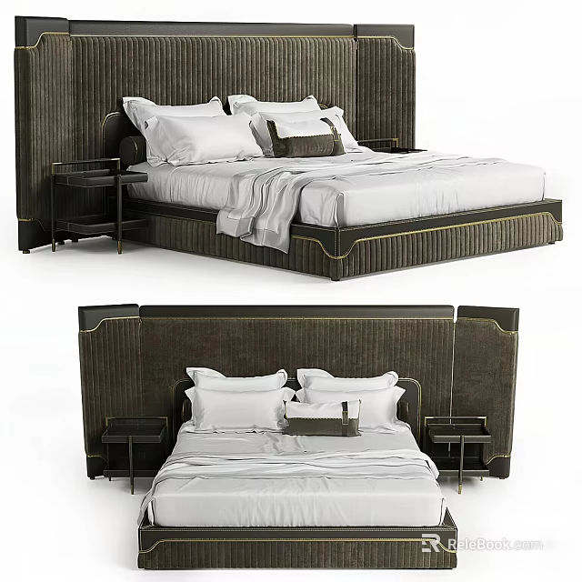 Modern Double Bed With Dark Upholstered Headboard Side Tables And White Linens 3d model