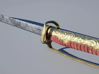 Intricate Decorative Sword With Golden Spiral Patterns And Red Sheath 3d model